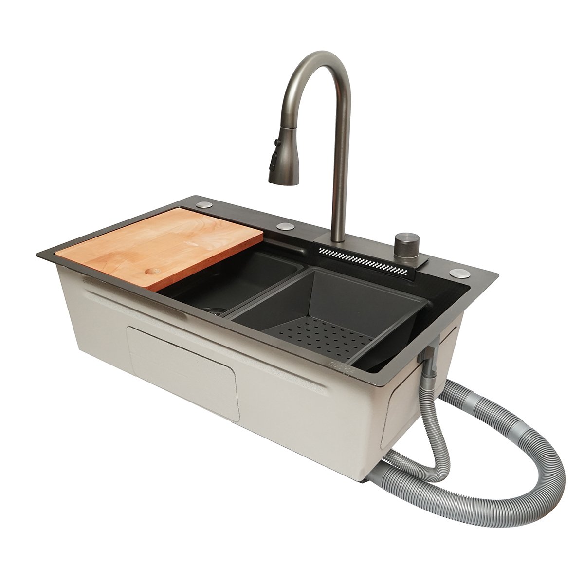 Chiuveta bucatarie multifunctionala, otel inoxidabil cu functie cascada, scurgator, tava, tocator si accesorii incluse, dimensiune 75x46x22cm